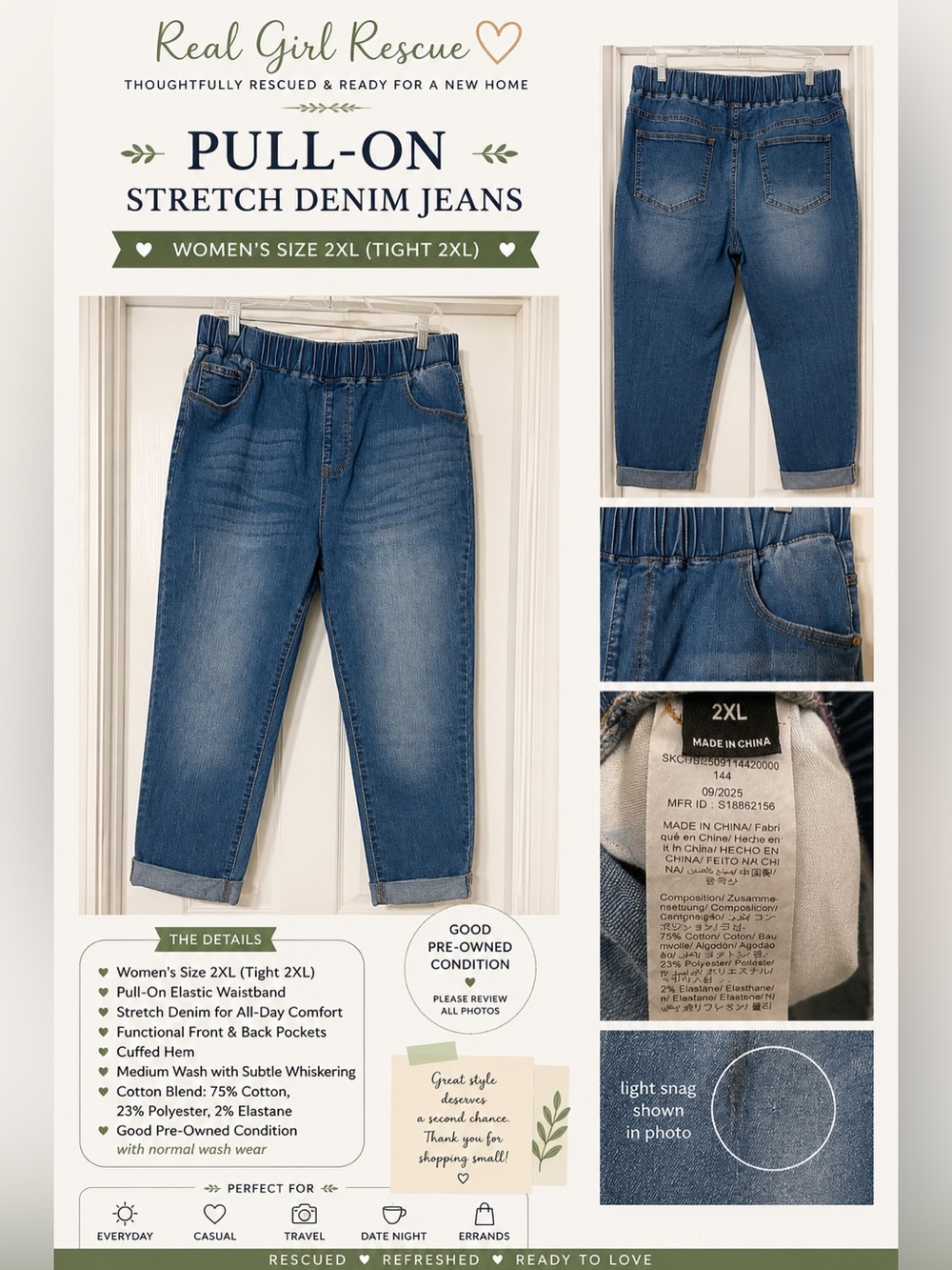 Pull-On Stretch Denim Jeans - Medium Wash Blue - Women's 2XL